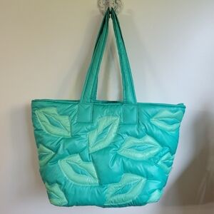 Wildfox Seafoam Puffy Quilted Green Lips Overnight Tote Bag